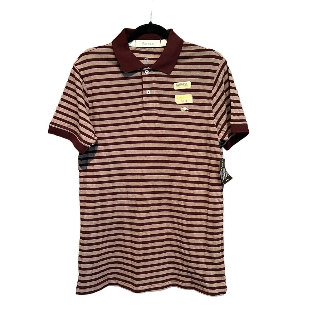 NEW Roots Pique Polo Shirt Slim Fit Burgundy Taupe Striped Beaver Logo Medium